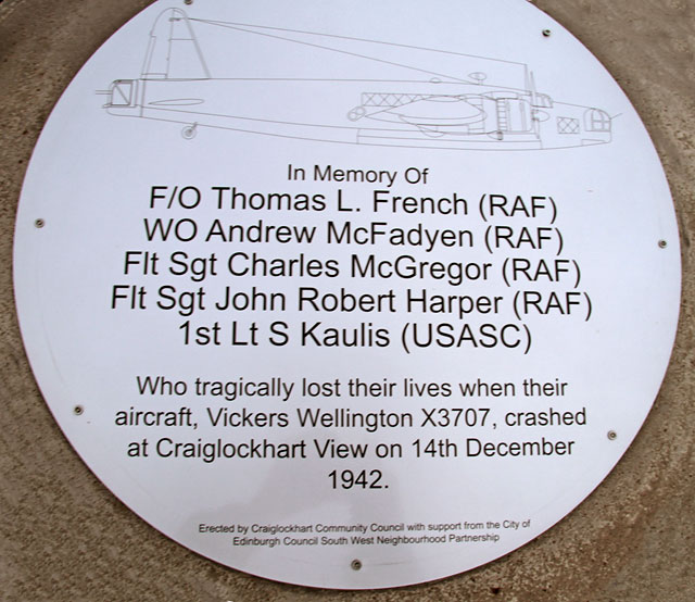 Memorial dedicated to the crew of the Wellington bomber that crashed at Craiglockhart on 4 December 1942