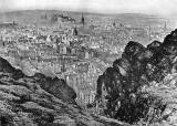 Looking down on Dumbiedykes and out towards Edinburgh Castle from Salisbury Crags  -  probably around the 1950s.