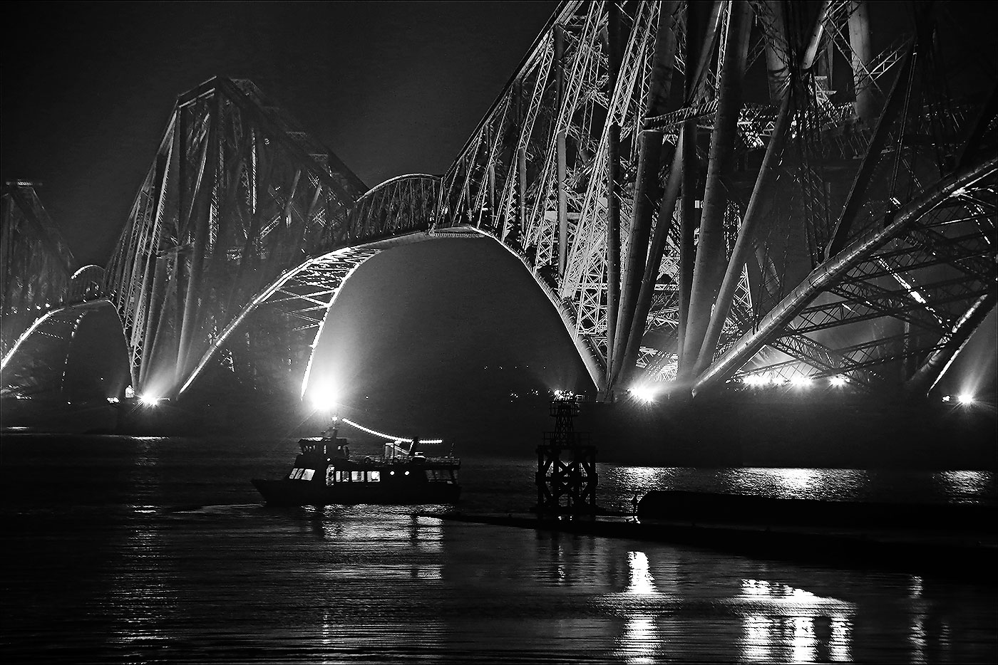 Forth Road Bridge 50th Anniversary Celebrations, September 2014  -  The cruise boat, 'Maid of the Forth', departs from Hawes Pier, South Queensferry, after dropping off its passengers there folowing a cruise on the Forth to view the firework display at the Forth Road Bridge
