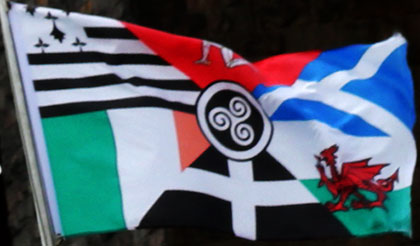 'Pan-Celtic' Flag based on the flags of 6 Celtic Nations - beneath the Forth Bridge at North Queensferry