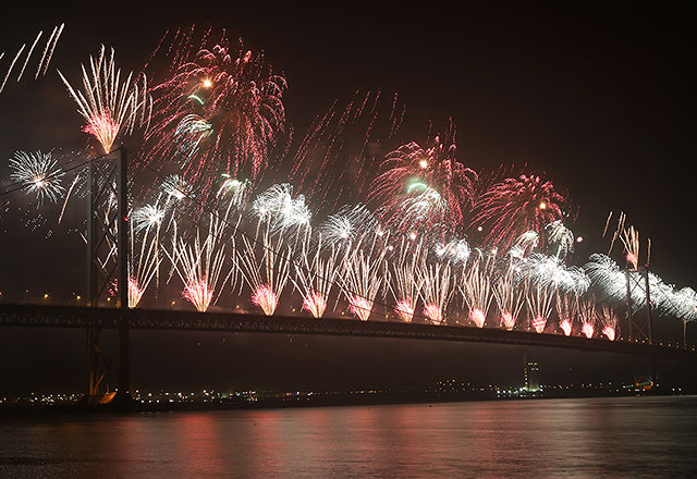 Forth Road Bridge 50th Anniversary Celebrations, September 2014  -  Firework Display from the Forth Bridge, seen from Queensferry Harbour