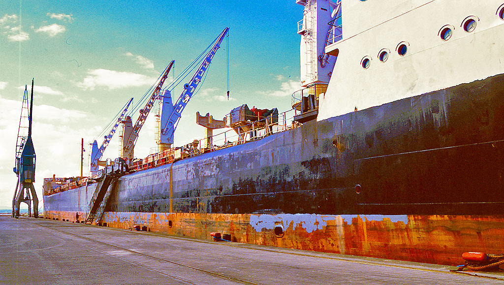 Bulk carrier, 'Ascanius' being painted at Leith Docks, 1989
