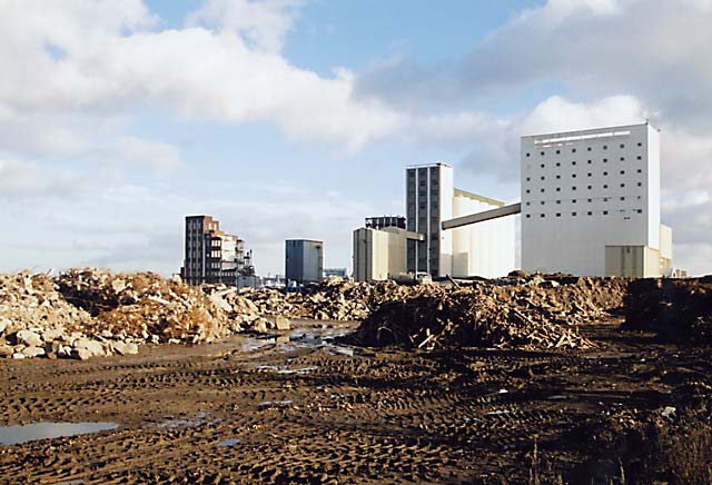 Caledonia Mill and Chancelot Mill  -  seen from the west in Leith Western Harbour  -   Photographed November 2004