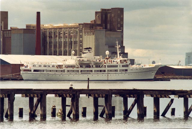 Leith Docks  -  1989   -  The Cruise ship Illiria in front of Caledonia Mill