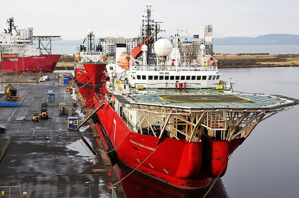 Two ships from the Subsea Seven fleet moored at Leith Docks,  November 2014