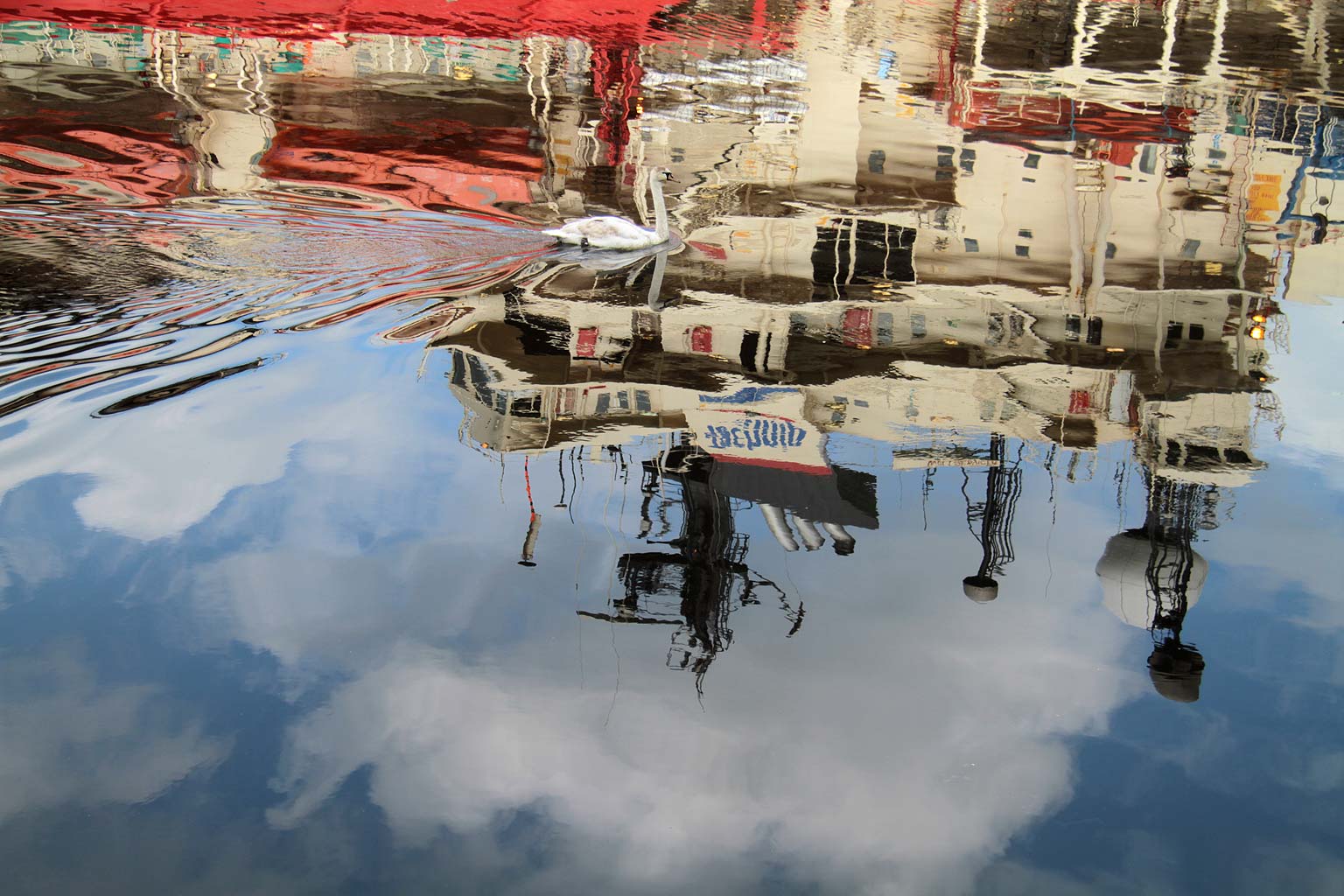 Reflections of the ship 'Wellservicer', and a swan,  at Prince of Wales Dock, Leith, 2011