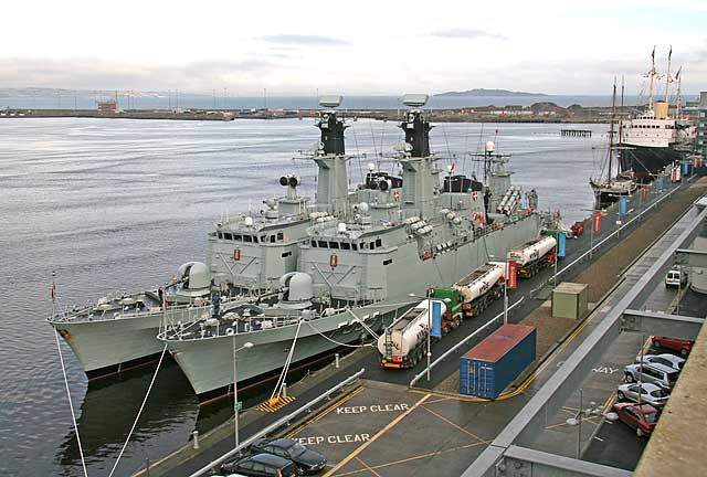 Danish Navy Niels Juel class corvettes, 'Olfert Fischer' and one other, moored beside Ocean Terminal at Leith Western Harbour