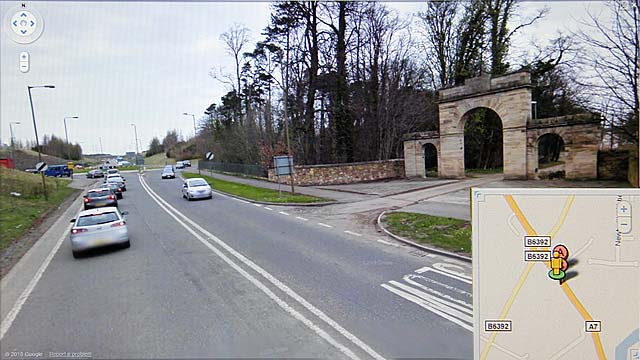 Google Street View  -  Looking to the north down the A7 towards Edinburgh  -  King's Gate, Newbattle on the right.