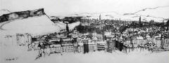 Part of a sketch  -  View from Calton Hill, looking to the south and South West towards Salisbury Crags in Holyrood Park, Canongate and Dumbiedykes housing