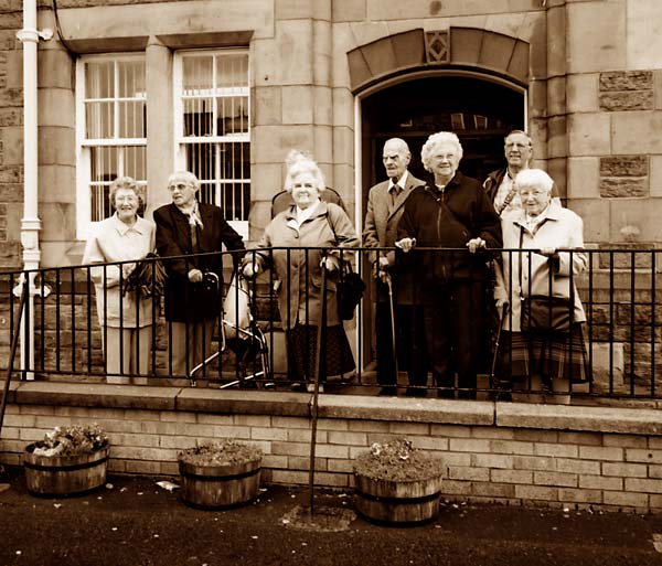 Photograph former pupils visiting Towerbank School, Portobello, taken during the filming of the video:  "Memories of Portobello - It always seemed to be sunny"