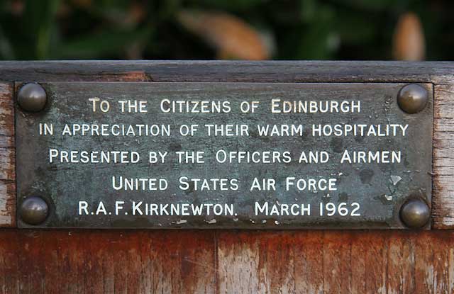 Inscription on a bench presented to Edinburgh by Officers and Airmen of United States Air Force, RAF Kirknewton, March 1962