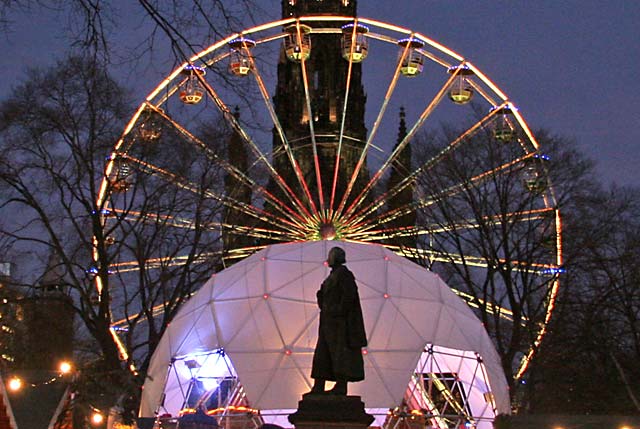 Edinburgh, Christmas 2005  -  The statue of Adam Black, Lord Provost and MP, Bungydome and Edinburgh Wheel.  The Scott Mounument is in the background.