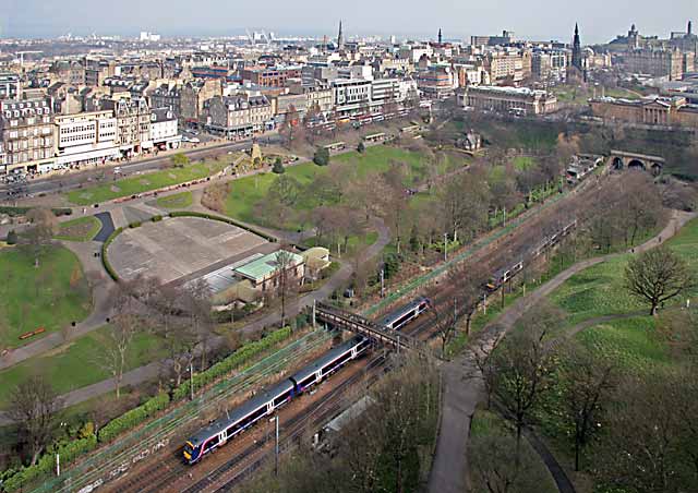 View from Edinburgh Castle  -  Trains passing through Princes Street Gardens  -  2007