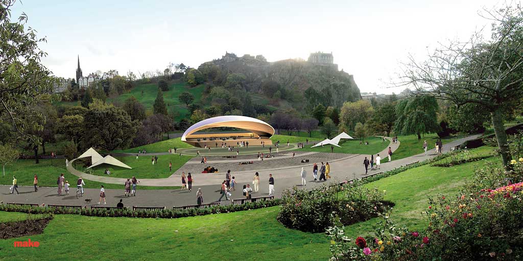 A possible new bandstand for Princes Street Gardens.  Style:  shelll  -  daytime illustration