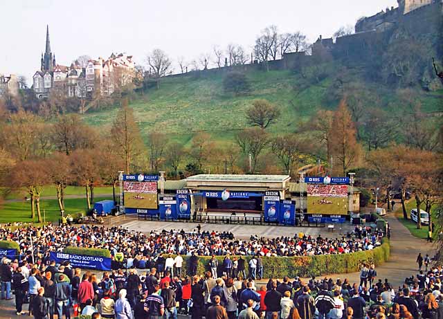The Ross Bandstand in West Princes Street Gardens and Ramsay Garden  -  during the 'Scotland v England' Rugby International Match on 22 March 2003