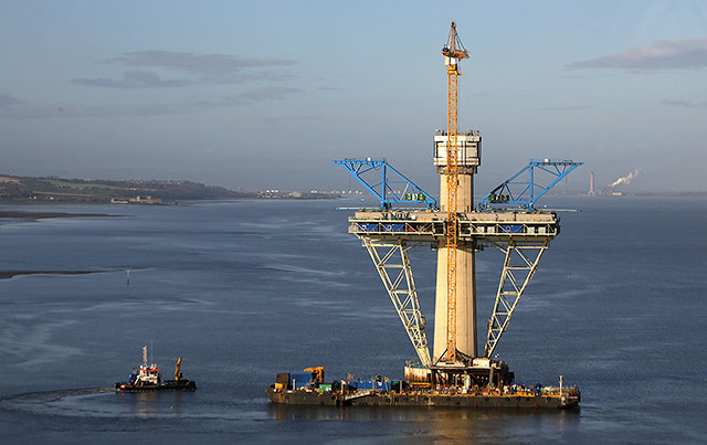 Queensferry Crossing under construction  -  Tower in the centre of the Firth of Forth, seen from a coach crossing the Forth Road Bridge  -  September 2014.