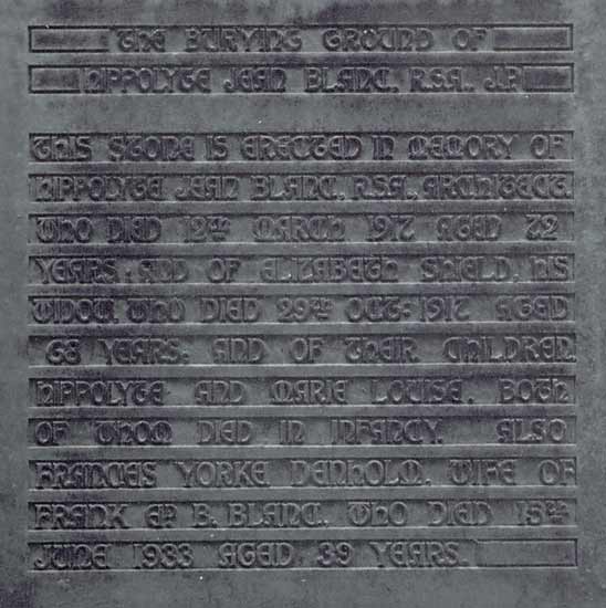 Photograph by Peter Stubbs  -  Edinburgh  -  Warriston Cemetery  -  Inscription on the gravestone of Hippolyte Blanc