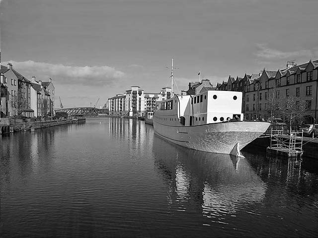 Loking to the north from the bridge over the Water of Leith at Bernard Street, towards the site of the Lower Drawbridge and Leith Docks