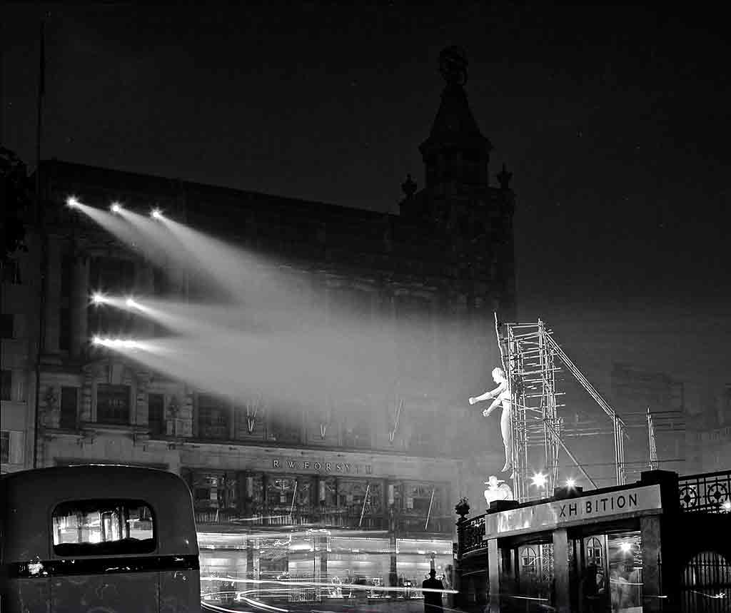 Jacob Epstein's statue, 'St Michael's Victory over the Devil' at Waverley Market entrance, 1961  -  Photograph taken by Allan Dodds