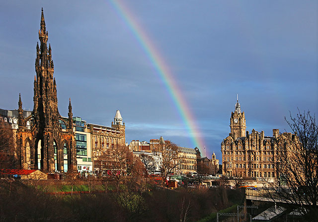 Views of Waverley, including The Scott Monument and Balmoral Hotel from near the Royal Scottish Academy and National Gallery of Scotland at the foot of The Mound.