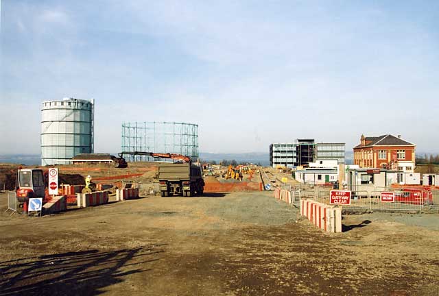 Edinburgh Waterfront  -  Looking from West Harbour Road towards the three gasometers and the new Scottish Gas building and old Victorian building
