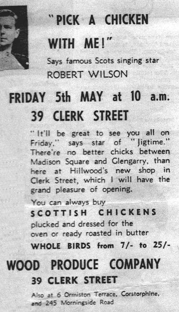 Advert for the official opening of Hillwood Produce Co roast chicken shop at 39 Clerk Street