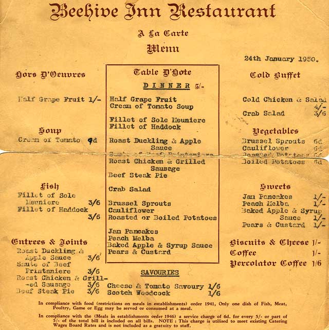 Menu from the Beehive Inn Restaurant  -  1950