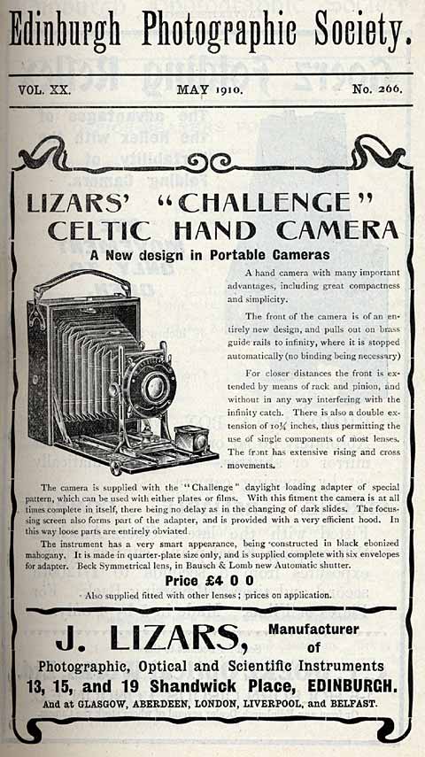 Lizars Advert  -  May 1910