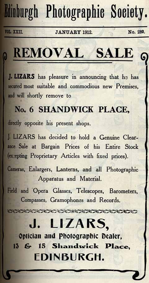 Lizars Advert  -  January 1912