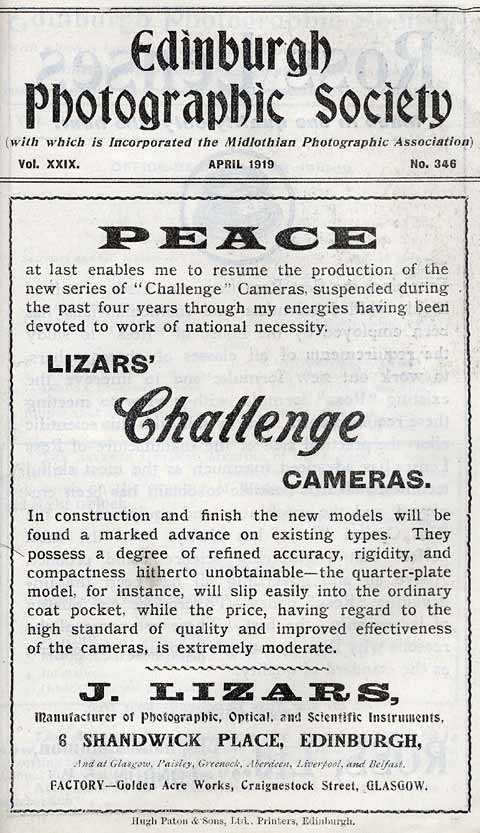 Lizars Advert  -  April 1919