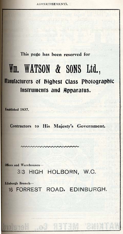 W Watson & Sons Advert  -  October 1911