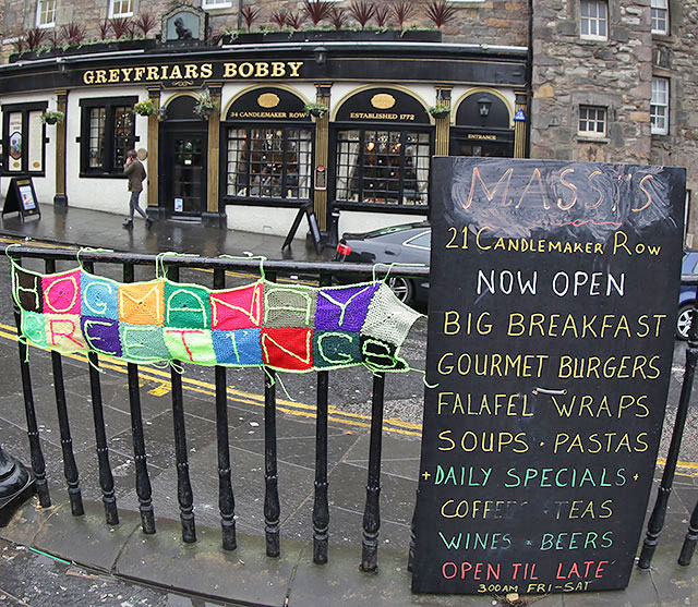 Scarf with "Hogmanay Greetings" foound on the railings beside Greyfriars' Bobby on New Year's Day, 2015