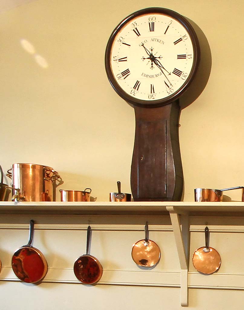 Lauriston Castle - Kitchen - zoom-in to clock and pans  -  October 2011