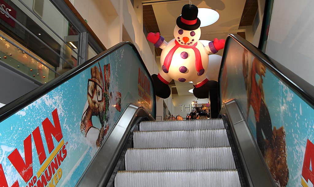 Snowman at the top of the escalator at Ocean Terminal Shopping Centre  -  Christmas 2011