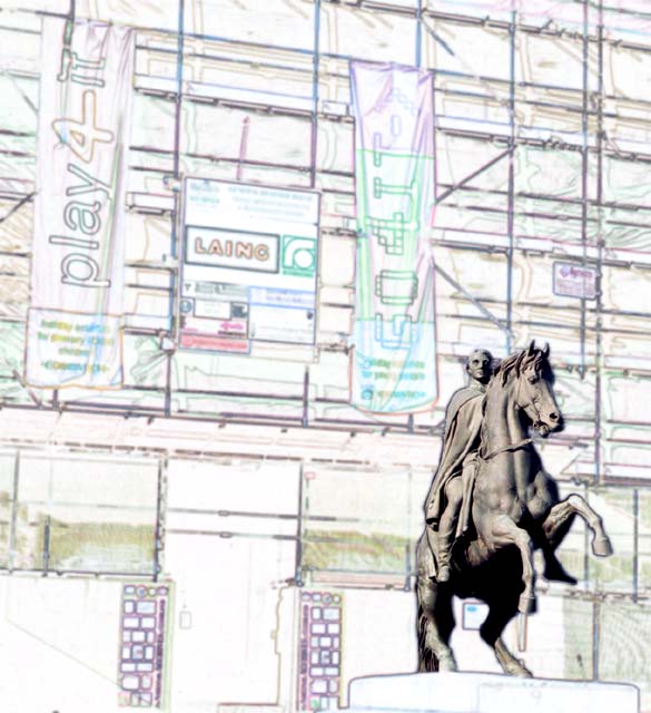 Image derived from a photograph of Register House and the statue of the Duke of Wellington, from the steps of Register House, September 2002