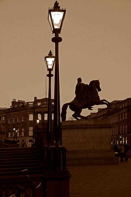 Statue to Duke of Wellington and Lamp Posts outside Register House -  looking east