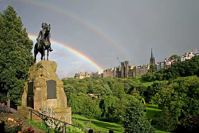 Royal Scots Greys Statue in West Princes Street Gardens and Rainbow