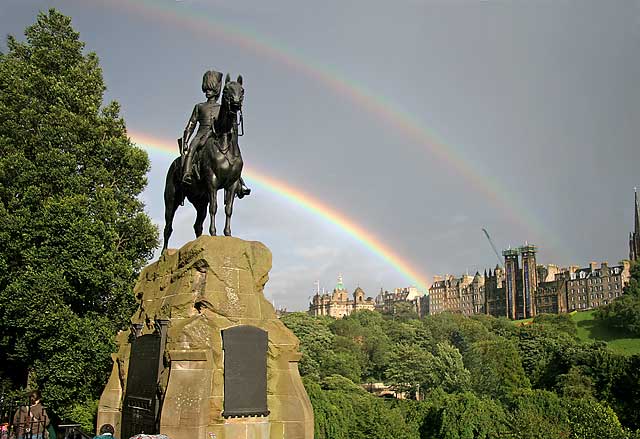 Royal Scots Greys Statue in West Princes Street Gardens and Rainbow