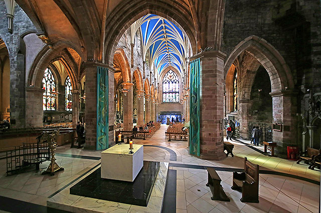 View from the Pulpit at St Giles' Church,  Edinburgh  -  looking west down the Nave towrds the curch entrance