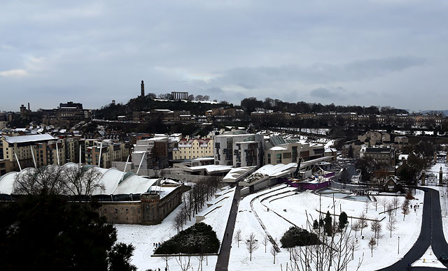 The Scottish Parliament Building  -  with Calton Hill in the background  -  January 2013