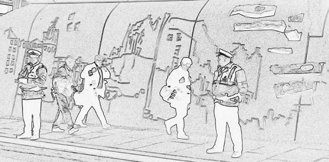 Scottish Parliament  -  Official Opening  -  Sketch of Police and Photographers outside the Parliament