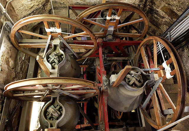 Looking down on the Bells and Bell Wheels in the tower of St Andrew's and St George's West Church, George Street, Edinburgh