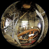 Fisheye View:  Bells, Bell Wheels, Clock Faces, Ladder and Staircase, in the tower of St Andrew's and St George's West Church, George Street, Edinburgh