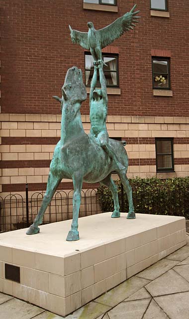 Horse, Rider, Eagle statue by Eoghan Bridge -  at Silvermiolls, Edinburgh