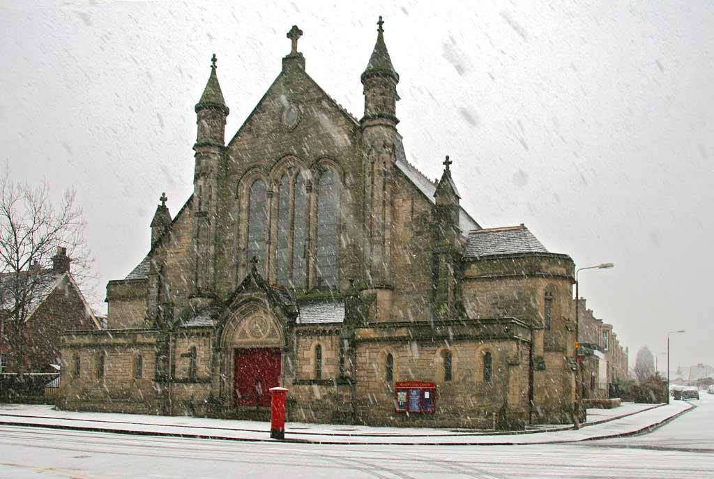 Snowstorm at Wardie Parish Church at the junction of Boswall Road and Netherby Road, Trinity, Edinburgh