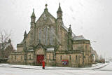 Snowstorm at Wardie Parish Chrch at the junction of Boswall Road and Netherby Road, Trinity, Edinburgh