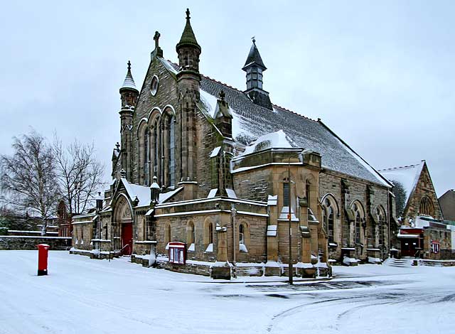 Snowstorm at Wardie Parish Chrch at the junction of Boswall Road and Netherby Road, Trinity, Edinburgh