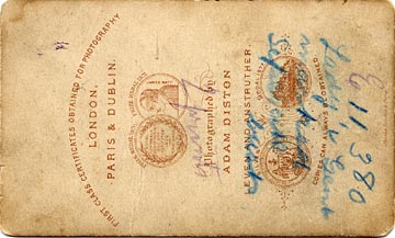 The back of a carte de visite by Adam iston  -  1877-1882  -  A Famly