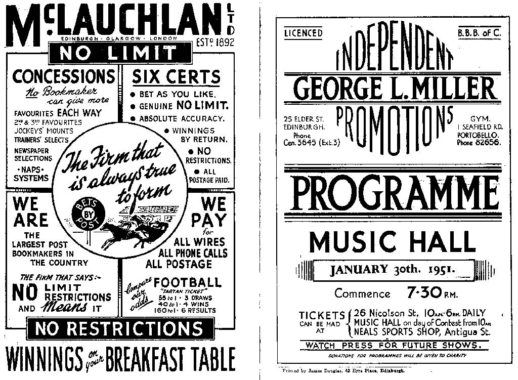 Boxing Programme (1951) with a Betting Advert on the back