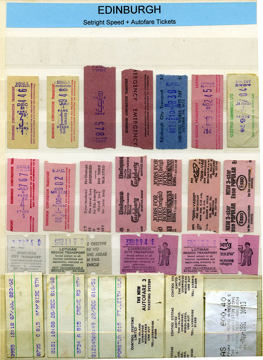 A selection of Edinburgh Setright + Autofare Bus Tickets  -  1950s to 1990s